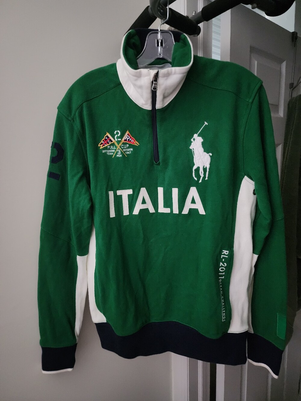 Polo by Ralph Lauren Thick Green Rugby Sweater with White & Navy Accents. S-M